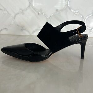 Tory Burch black patent leather and suede sling back heels. Size 6